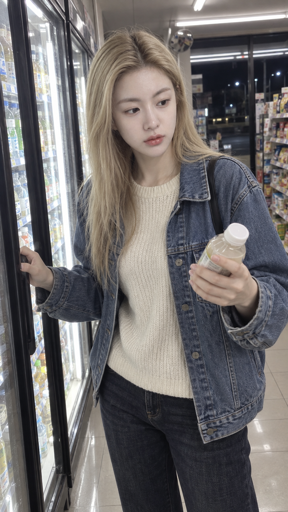 深夜便利店荧光灯下的金发写实随拍 — AI image creation