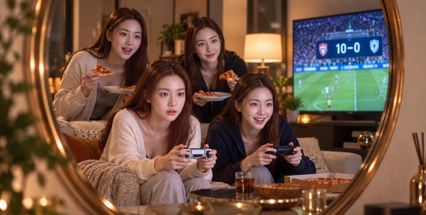 装飾フレームの中のリビングでサッカーゲームナイト
