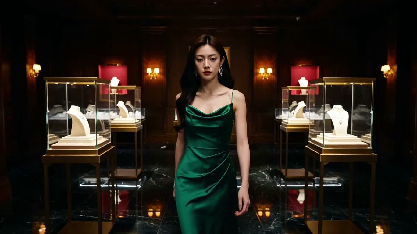 翡翠礼服女侠突袭珠宝店 — AI video creation
