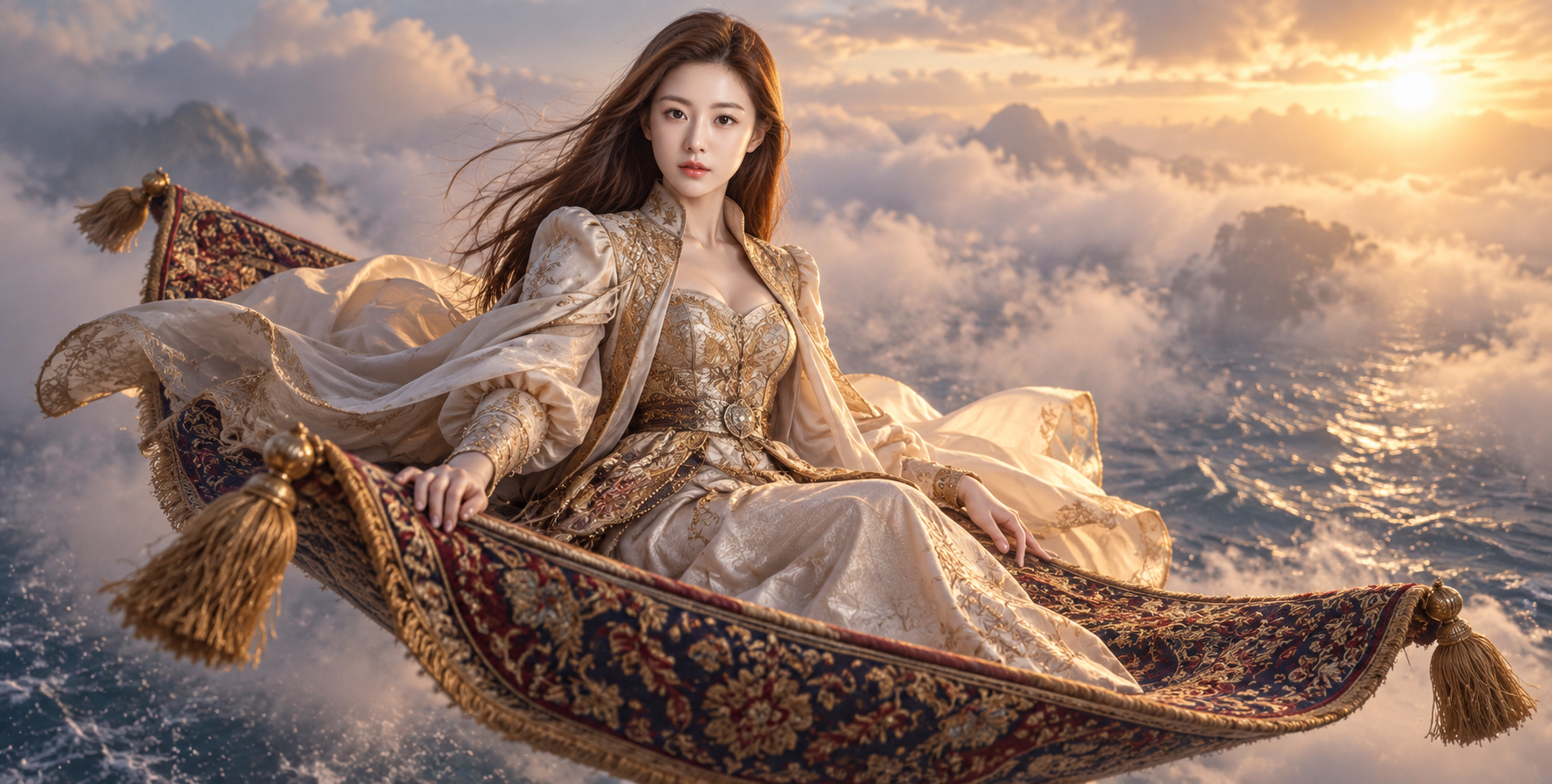 迷雾海面魔毯飞行的梦幻高级时装大片 — AI image creation