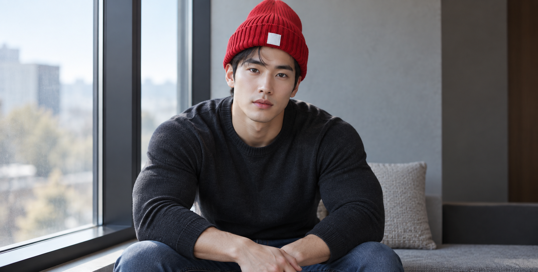 窗边戴鲜艳红针织帽的运动型男子写实肖像 — AI image creation