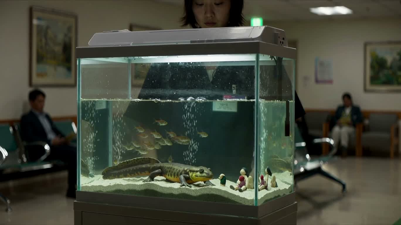 Bể cá kỳ nhông siêu thực trong phòng chờ bệnh viện