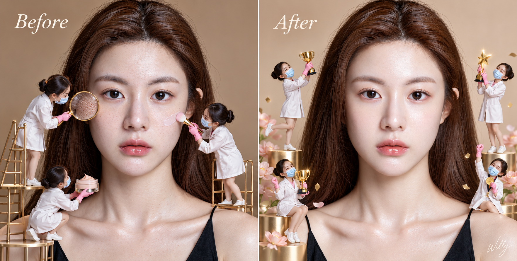 ミニチュア美容師が描くシュールなスキンケアビフォーアフターのエディトリアルポートレート — AI image creation