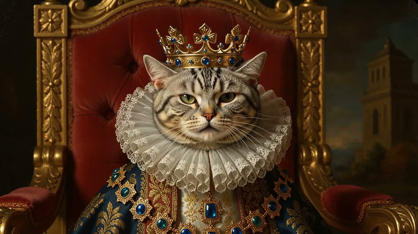 王座上的灰色虎斑猫 — AI video creation
