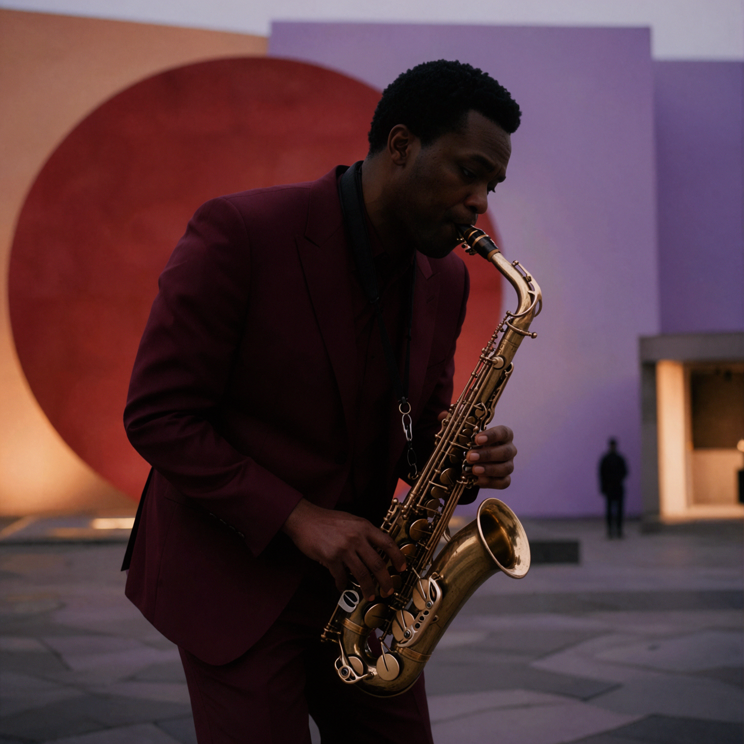 Nhạc sĩ jazz người châu Phi trưởng thành · Độc tấu saxophone · Phóng sự ngày u ám — AI image creation