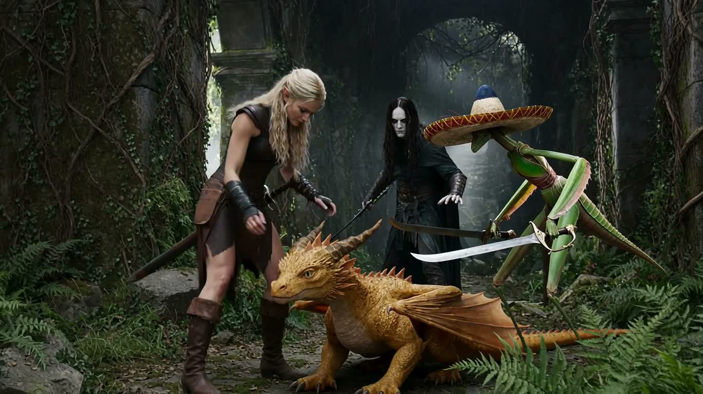 Elfe et bébé dragon dans la tour en ruine — AI video creation