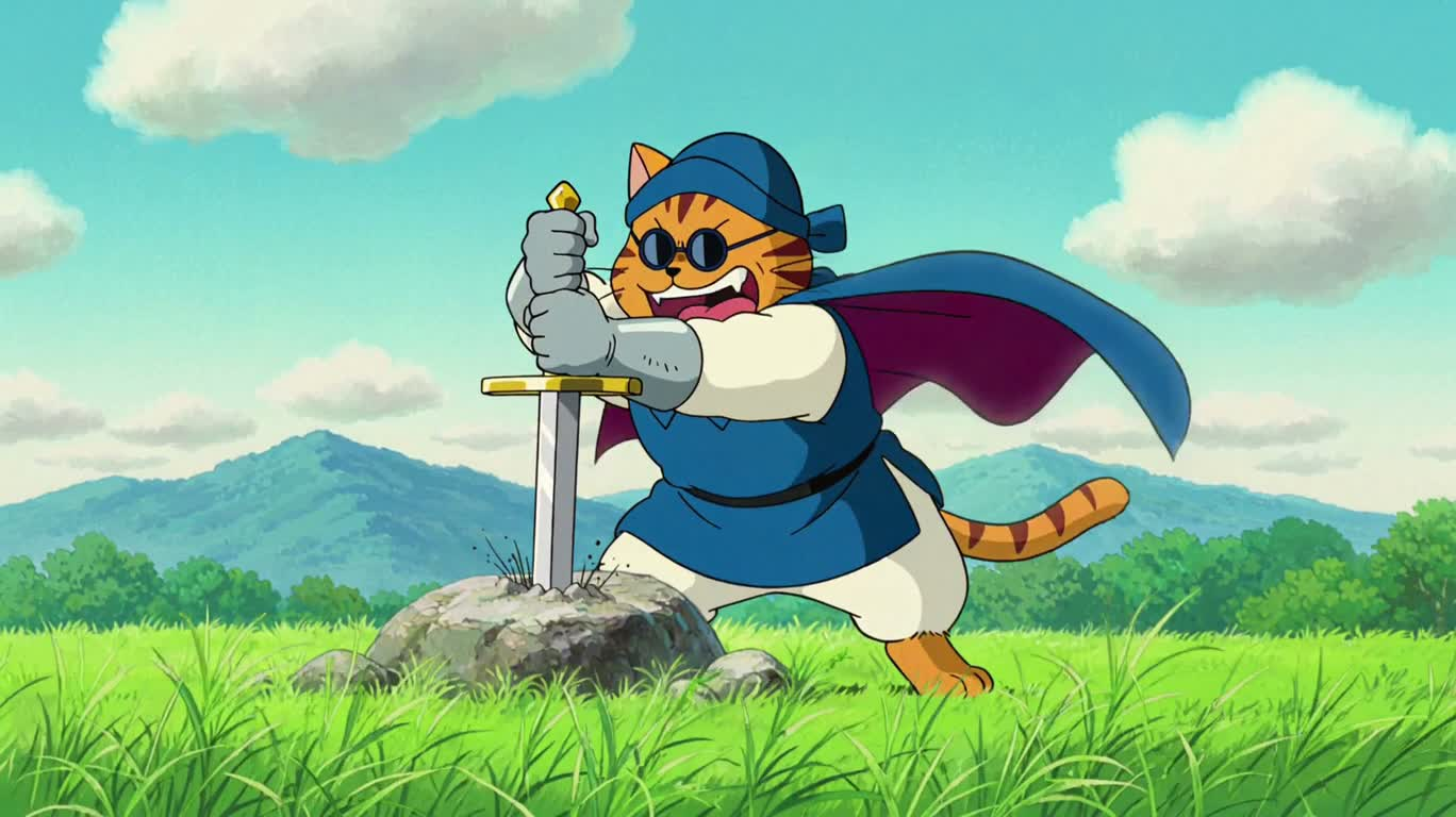 猫骑士拔剑闹剧 — AI video creation