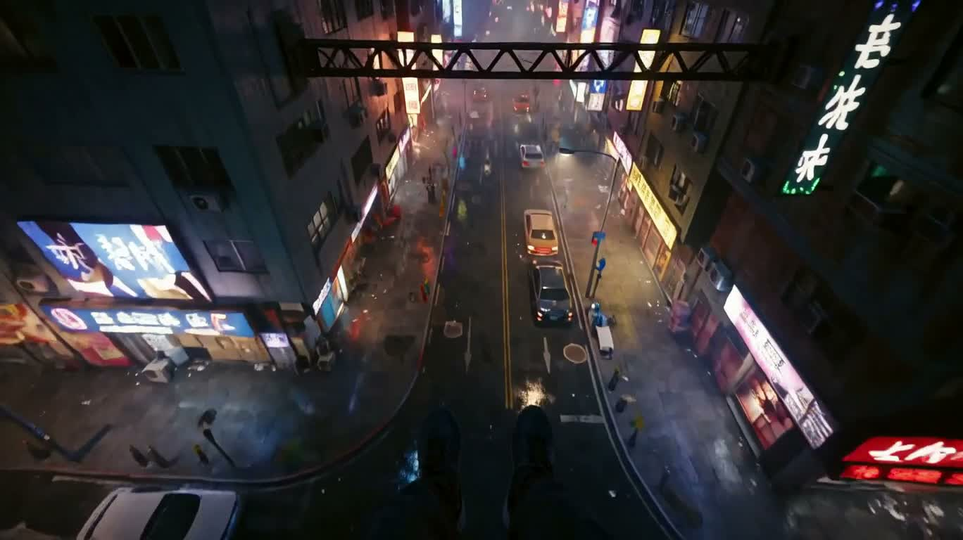 霓虹都市屋顶跑酷第一视角 — AI video creation