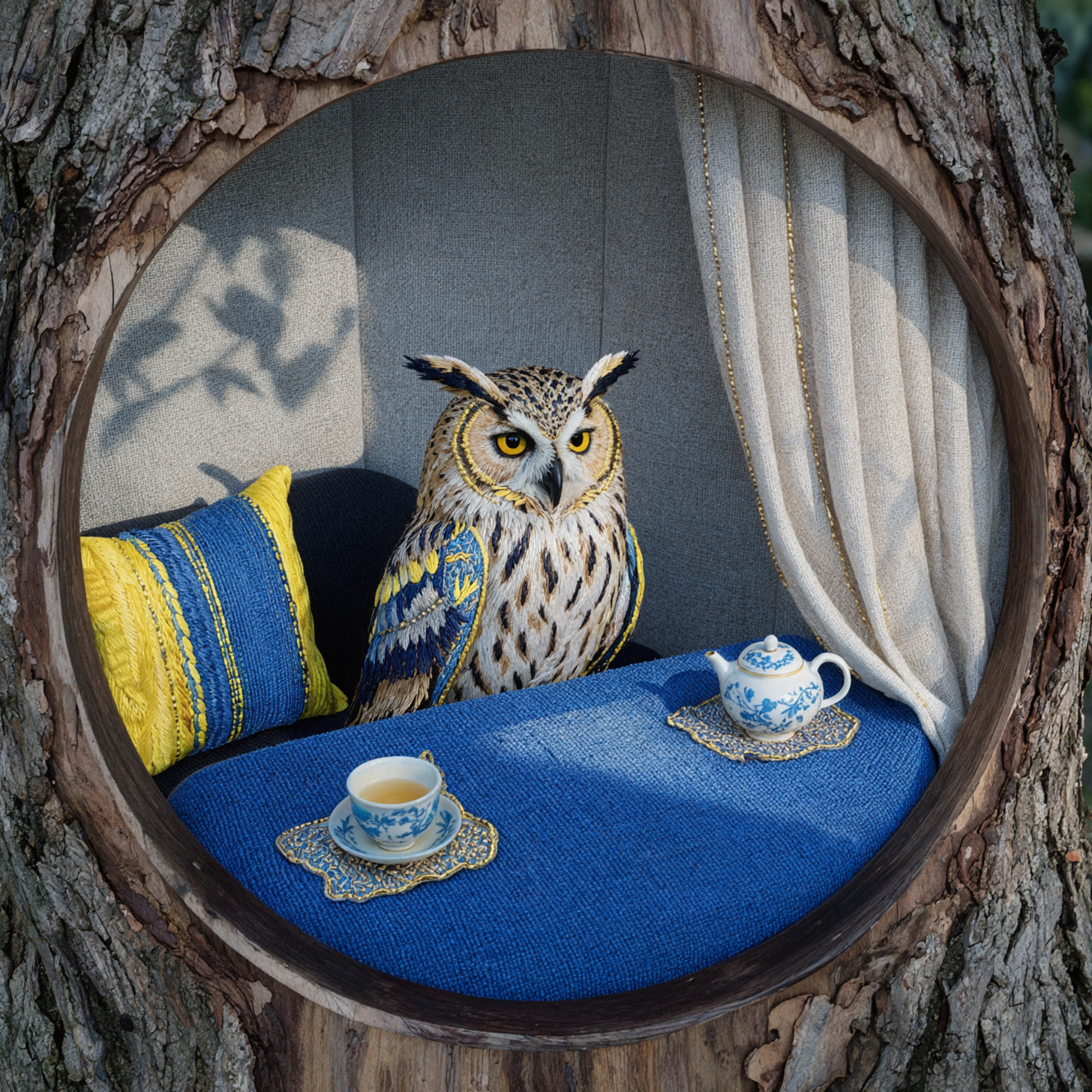 Salon de thé du hibou · Tissu brodé