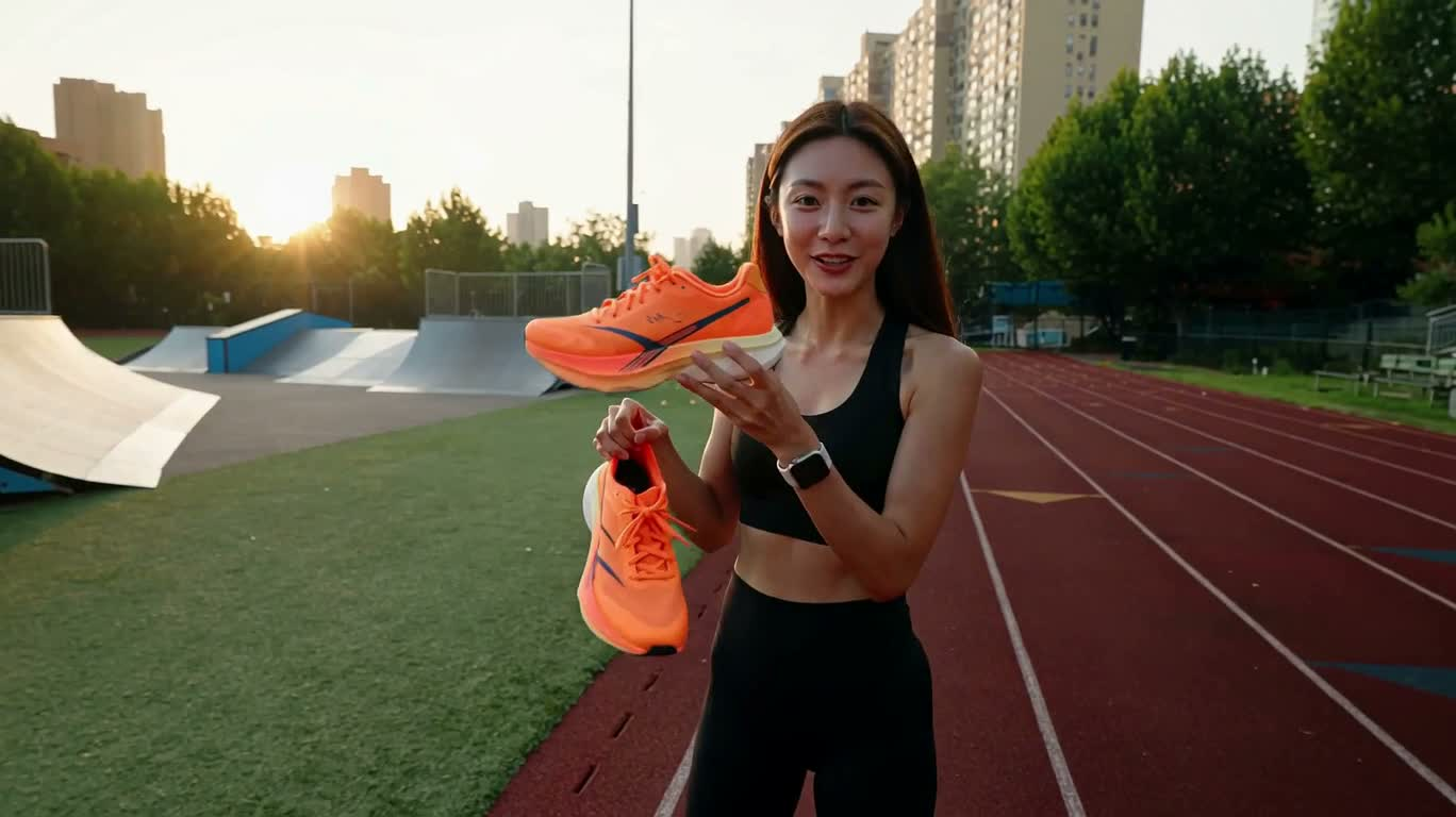 金色时刻的滑板场跑鞋体验 — AI video creation