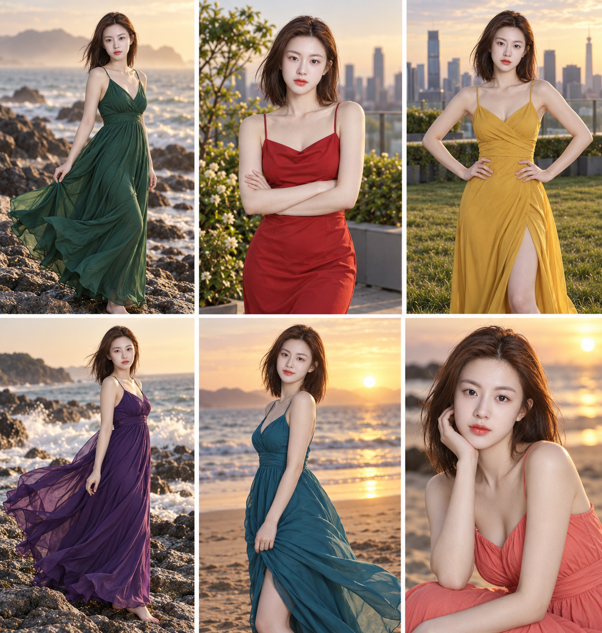 夕阳海岸六色裙影时尚拼贴 — AI image creation