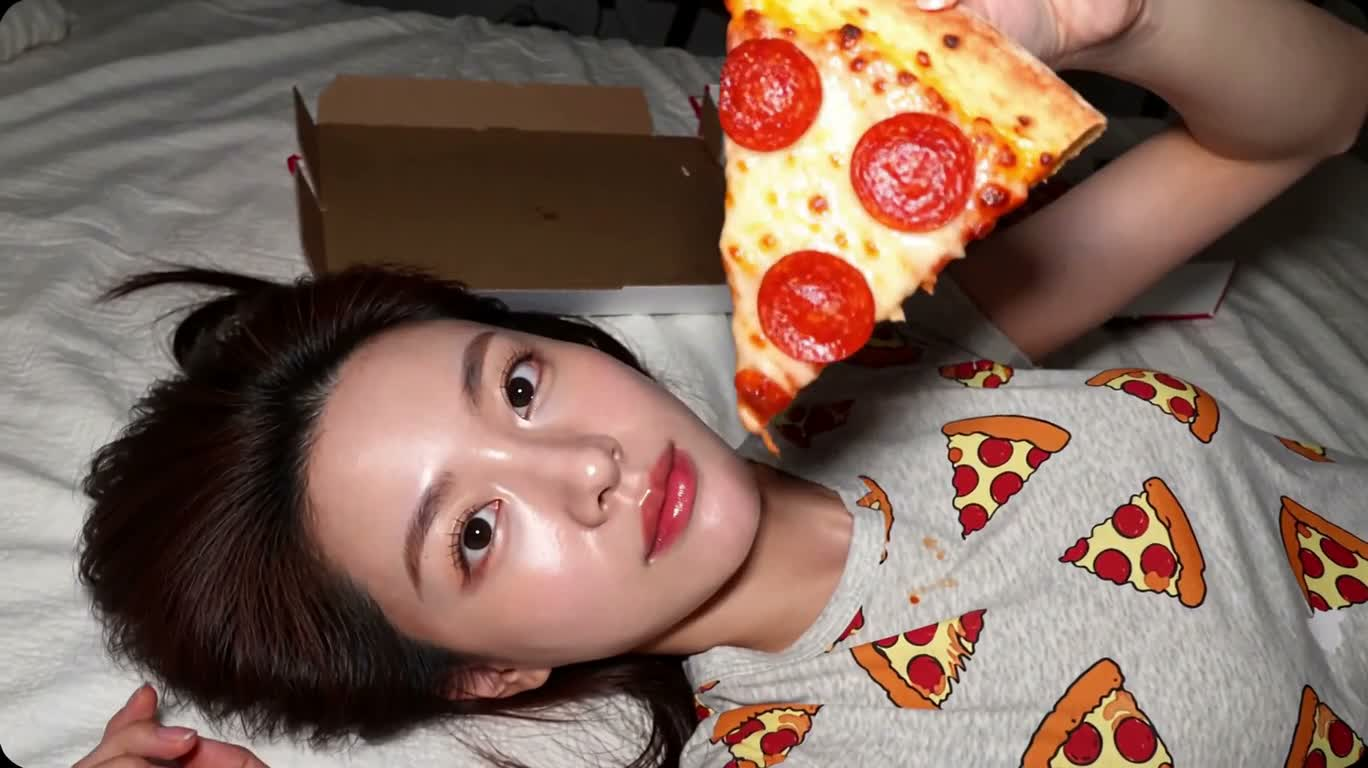 플래시 불빛 아래의 심야 피자
