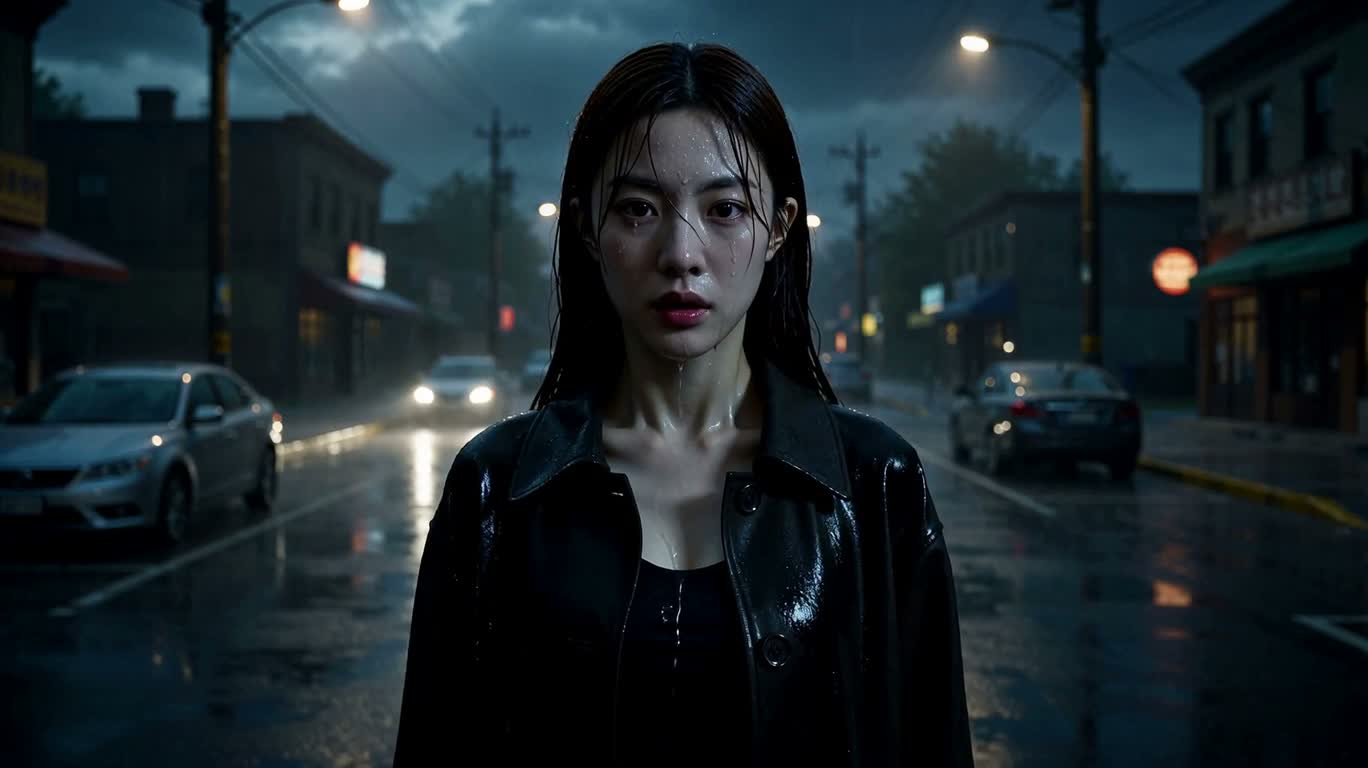 暴雨街头的蓝焰巨剑与双龙天穹 — AI video creation