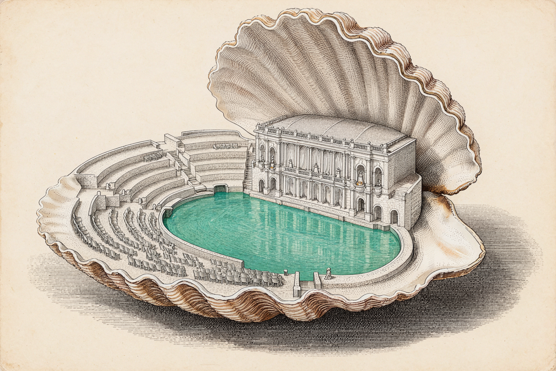 Pearl Shell Theater · Lead Plate Etching — AI image creation