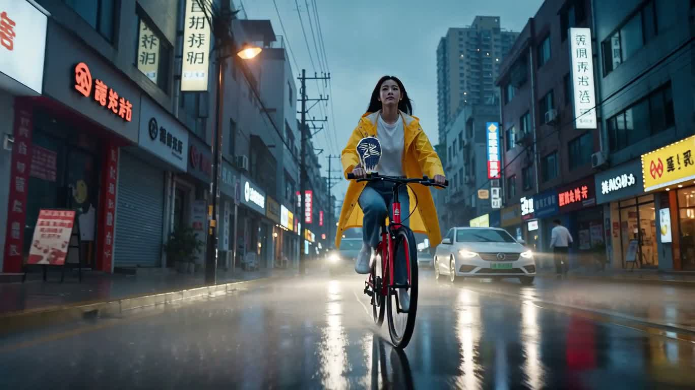 雨夜单车一镜到底 — AI video creation