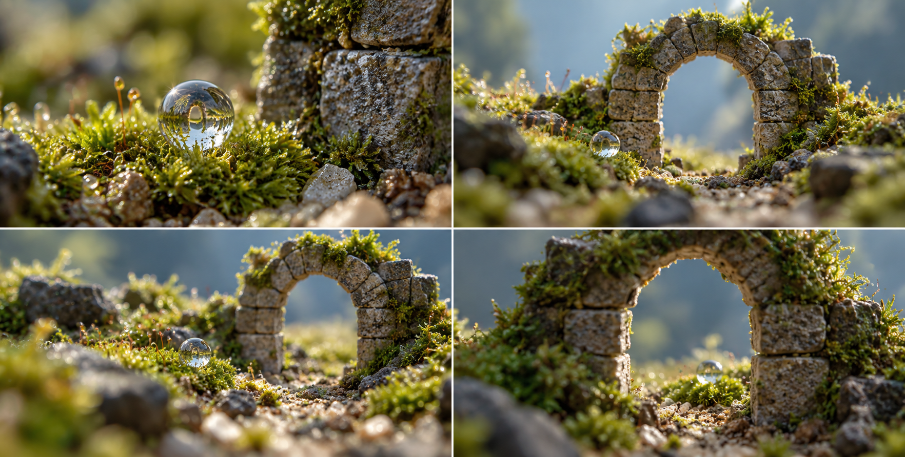 微观苔藓庭园的四视角特写研究 — AI image creation