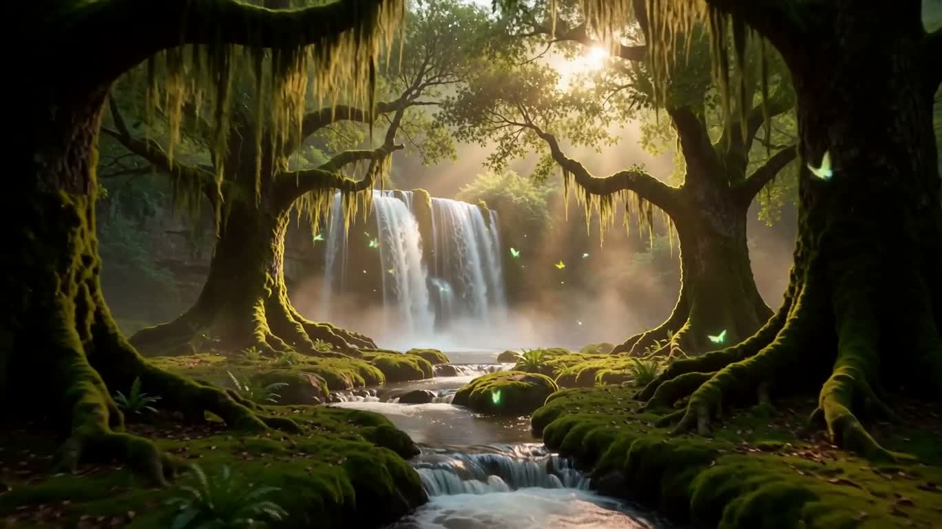 瀑布秘境的宝石花园 — AI video creation