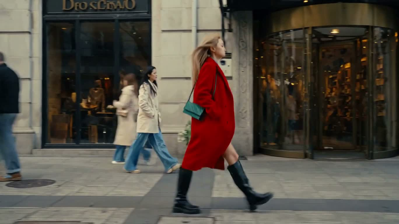 Woman in Red Walking Through City Streets — AI video creation