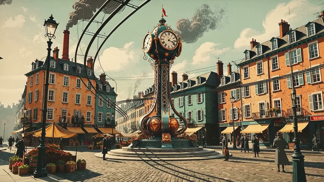 Quảng trường đình đồng hồ steampunk cổ điển — AI video creation