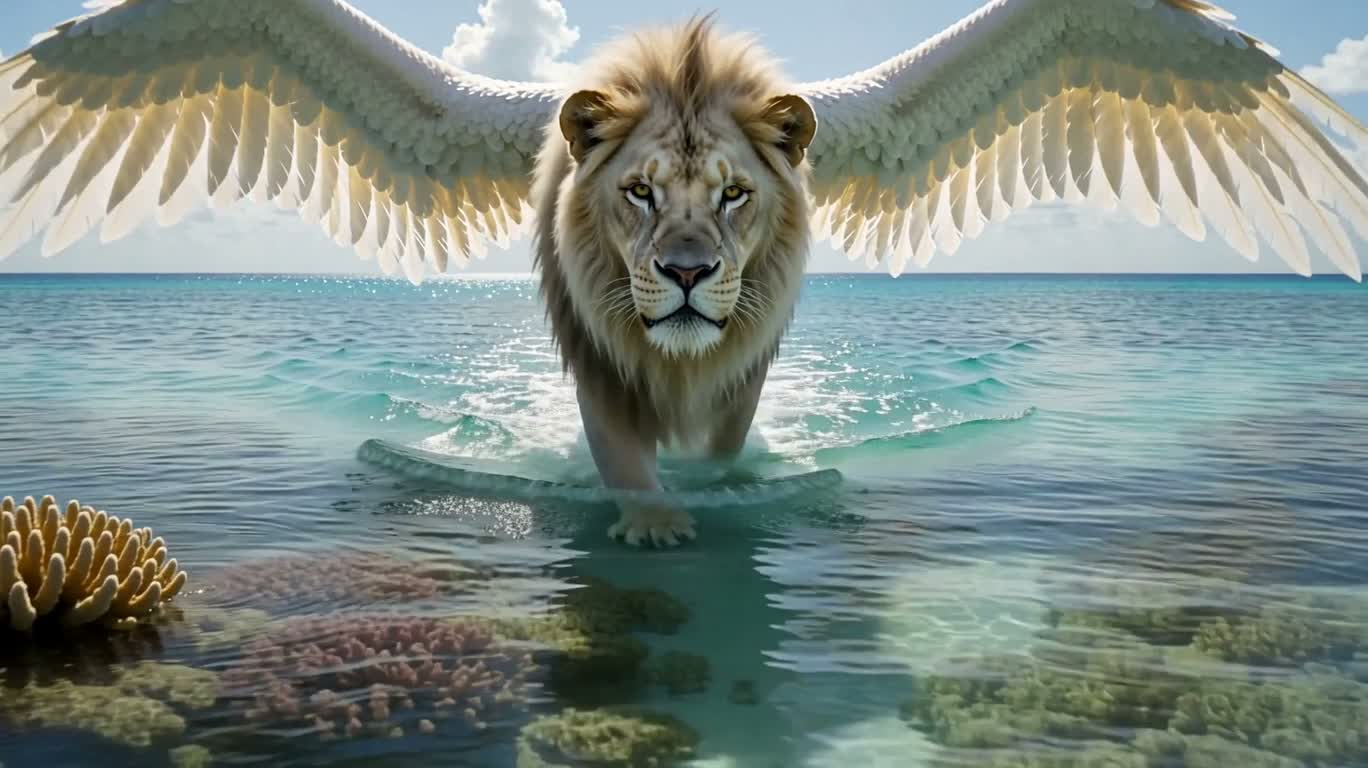 White-Winged Lion Striding Across the Sea — AI video creation