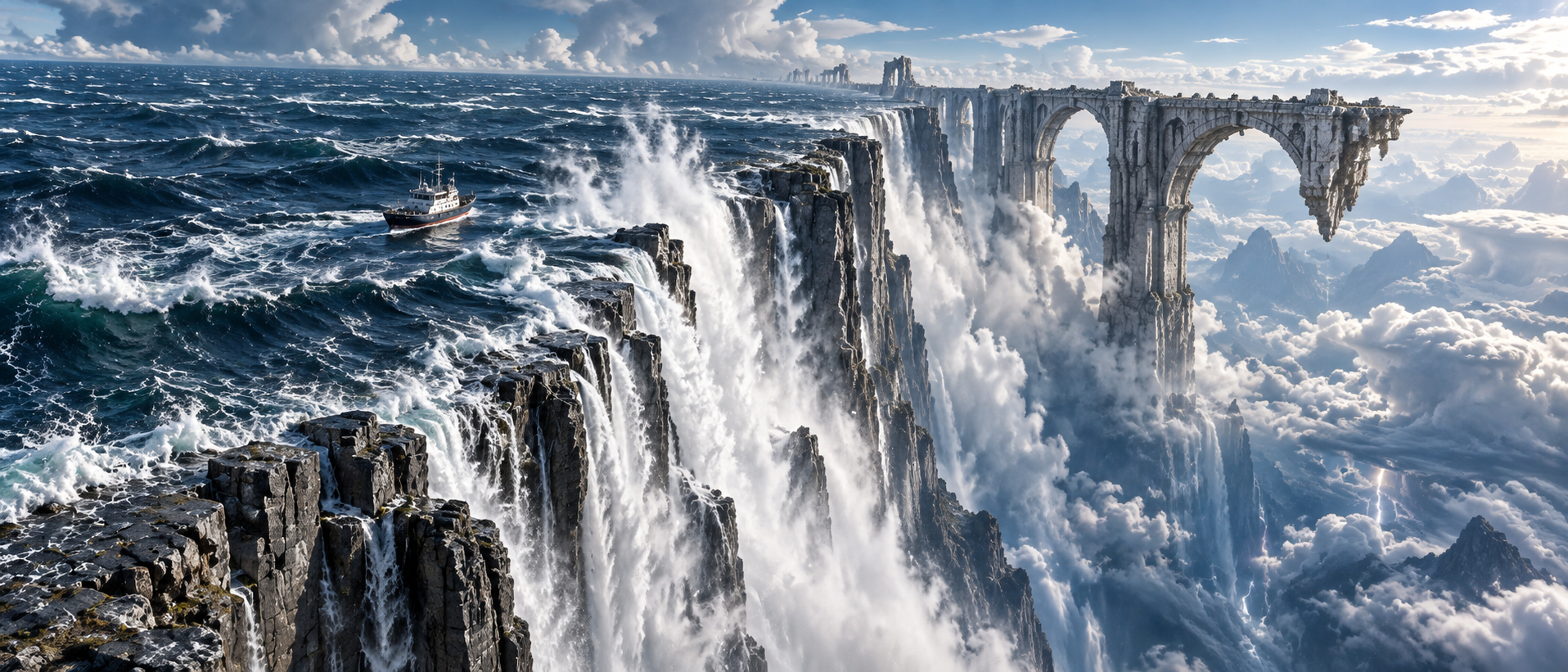 世界尽头的海瀑与远古桥梁遗迹 — AI image creation