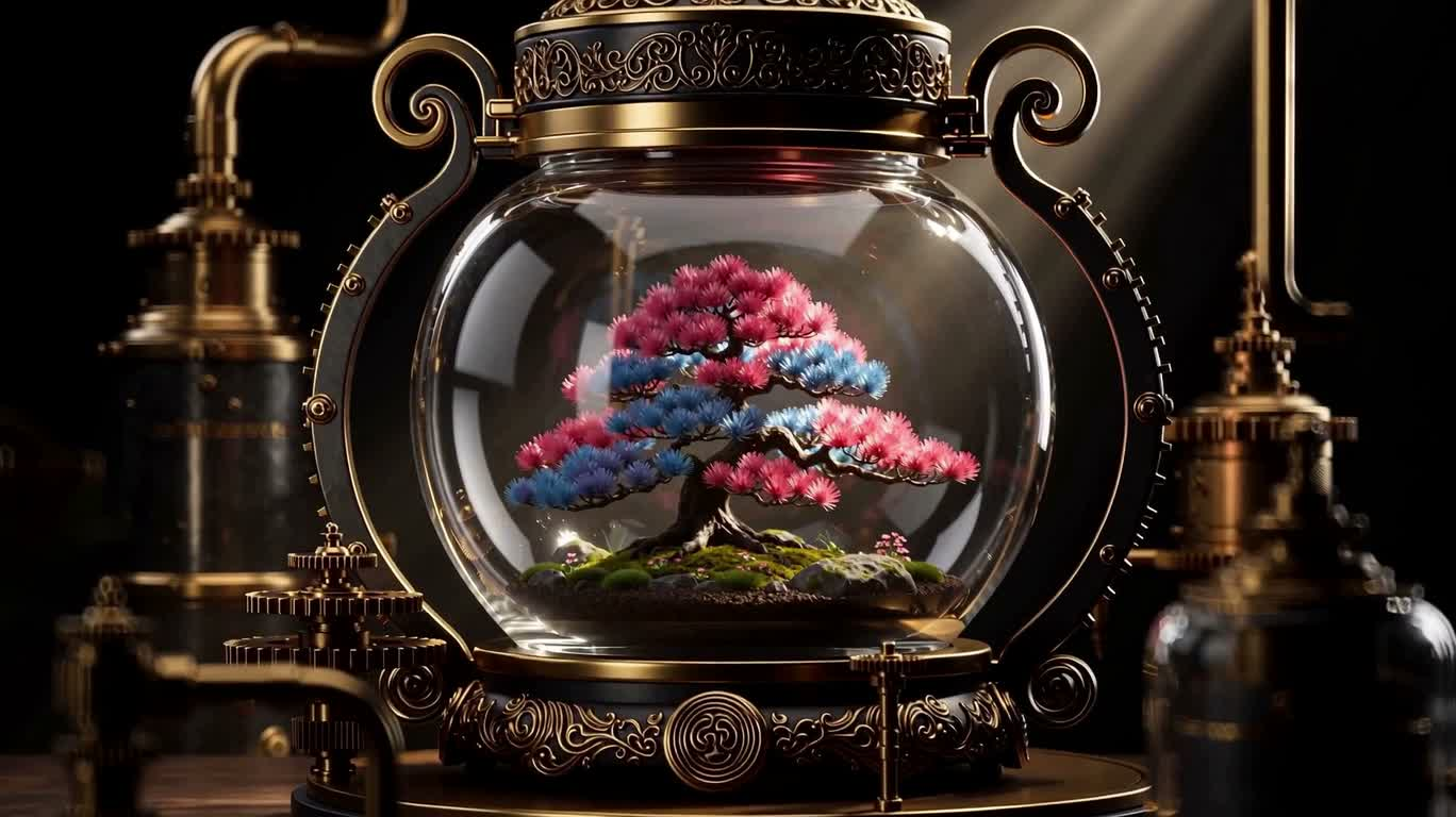 Pink and Blue Bonsai in a Steampunk Glass Jar