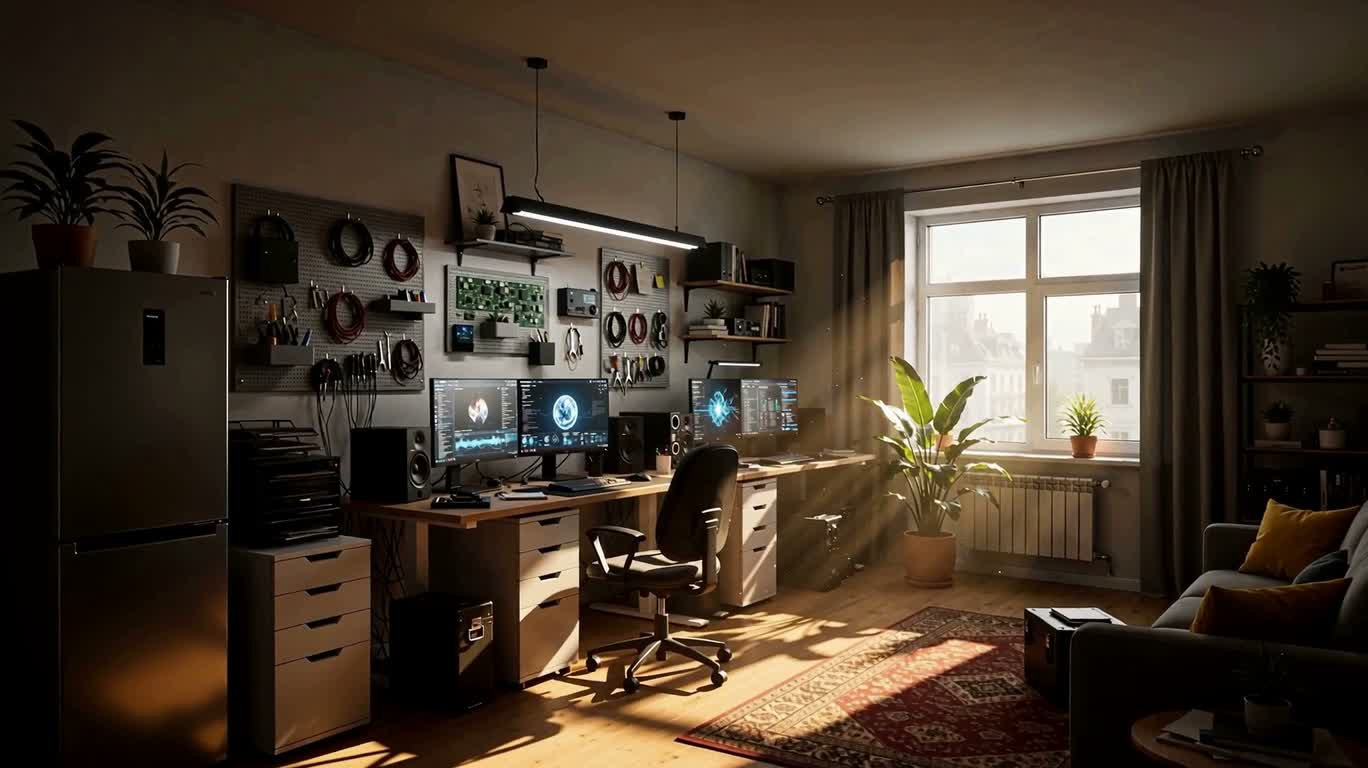 Studio tương lai trong ánh sáng ban mai hổ phách — AI video creation