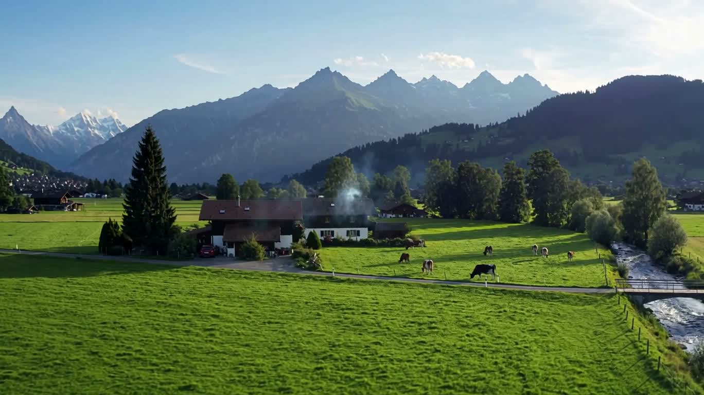 Swiss Countryside at Dawn in the 1980s — AI video creation