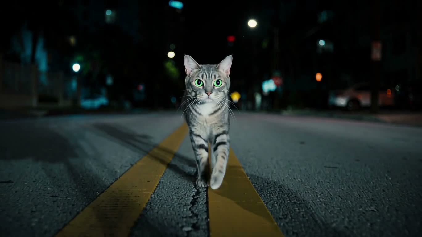 迈阿密夜街的绿眼灰猫 — AI video creation