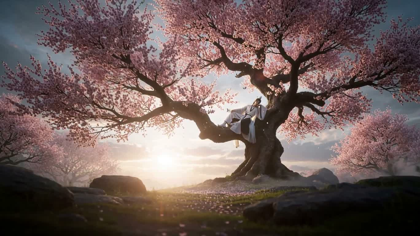 桃花古树下的仙侠静修 — AI video creation