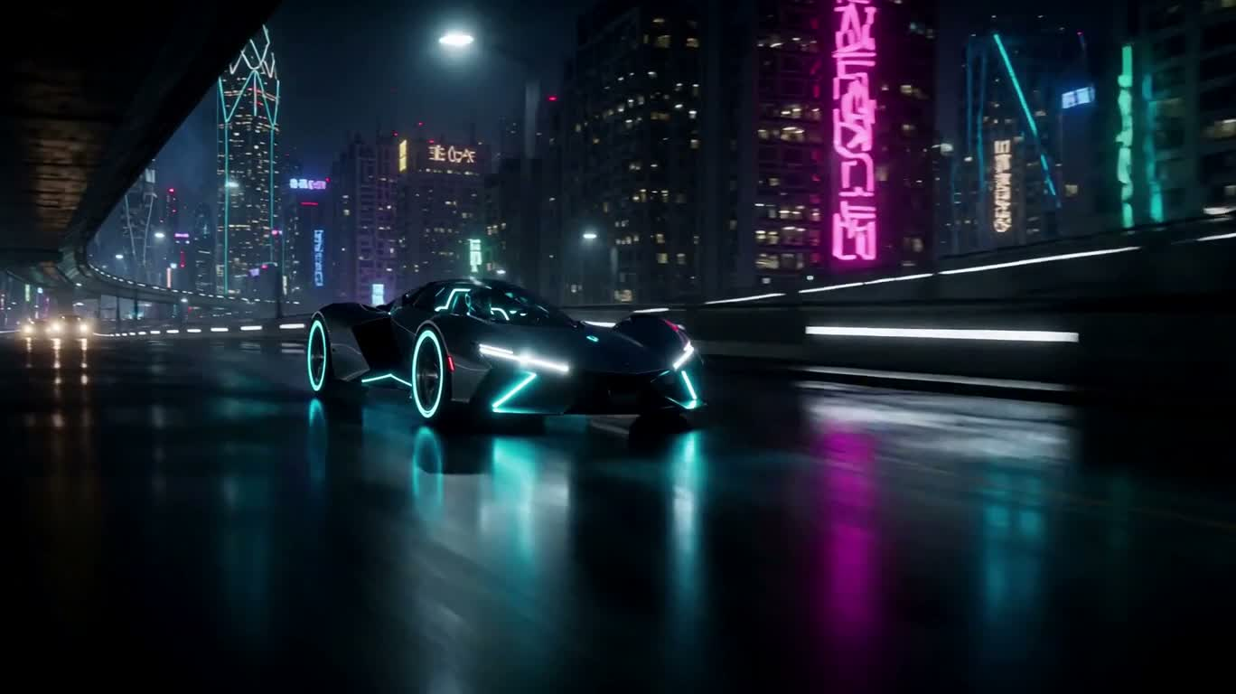 霓虹都市中的极速异兽飞驰 — AI video creation