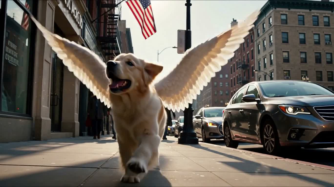魔法羽翼金毛犬街头嬉戏 — AI video creation