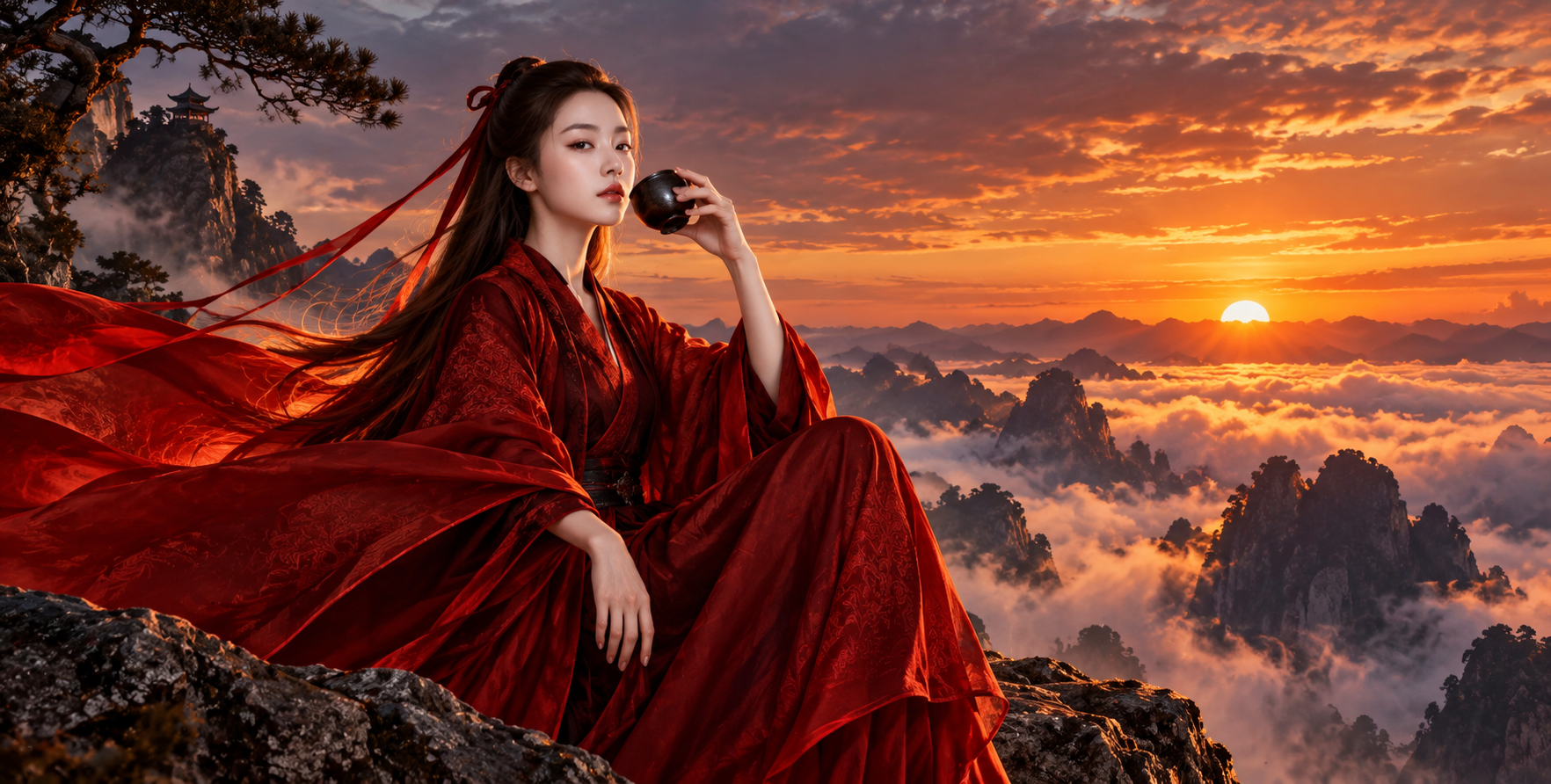 红衣东方不败悬崖饮酒图 — AI image creation