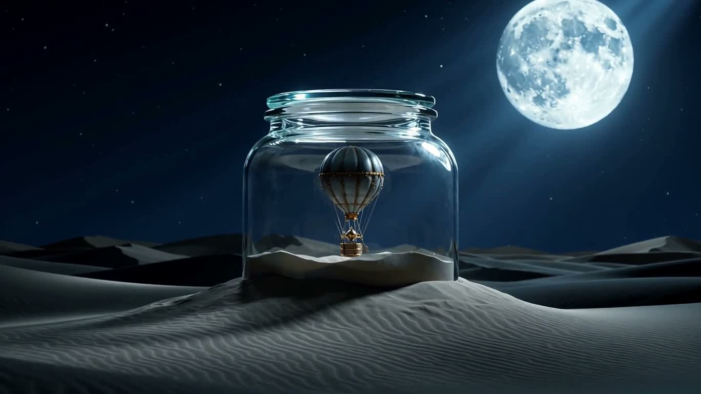 Steam Hot Air Balloon in a Glass Jar in the Desert Sea
