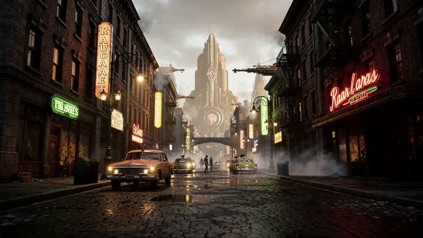 复古未来柴油朋克街景 — AI video creation