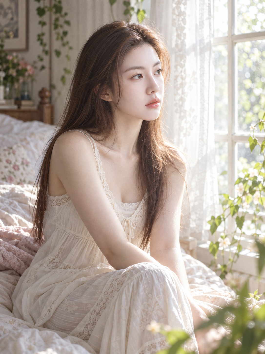春夏窗边森系法式柔光成年女性写真 — AI image creation