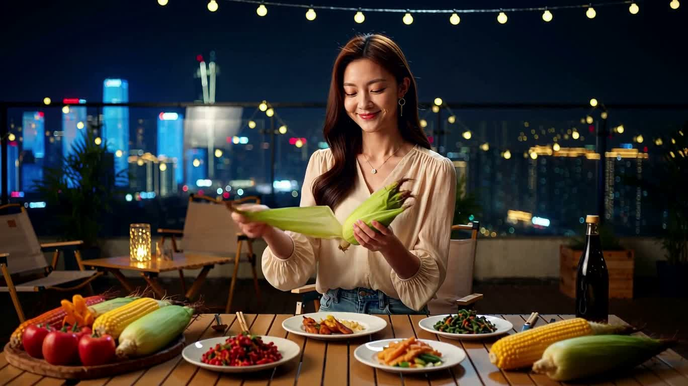 屋顶夜景烤玉米美食广告 — AI video creation