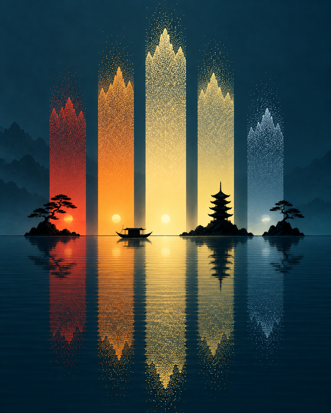 时光切片东方禅意光带倒影 — AI image creation