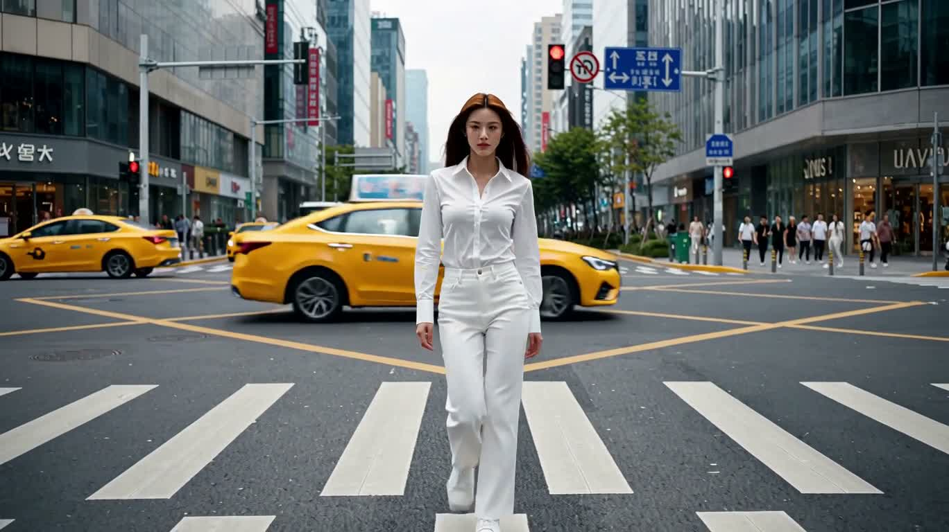 霓虹街头的彩虹裙女战士 — AI video creation
