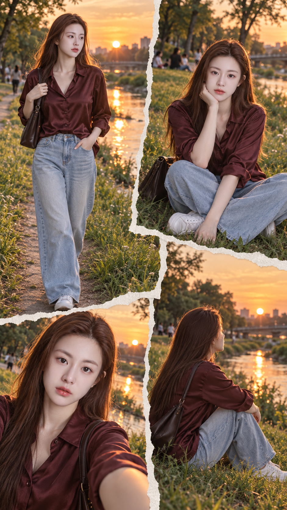 夕阳公园溪流旁的复古拼贴人像 — AI image creation