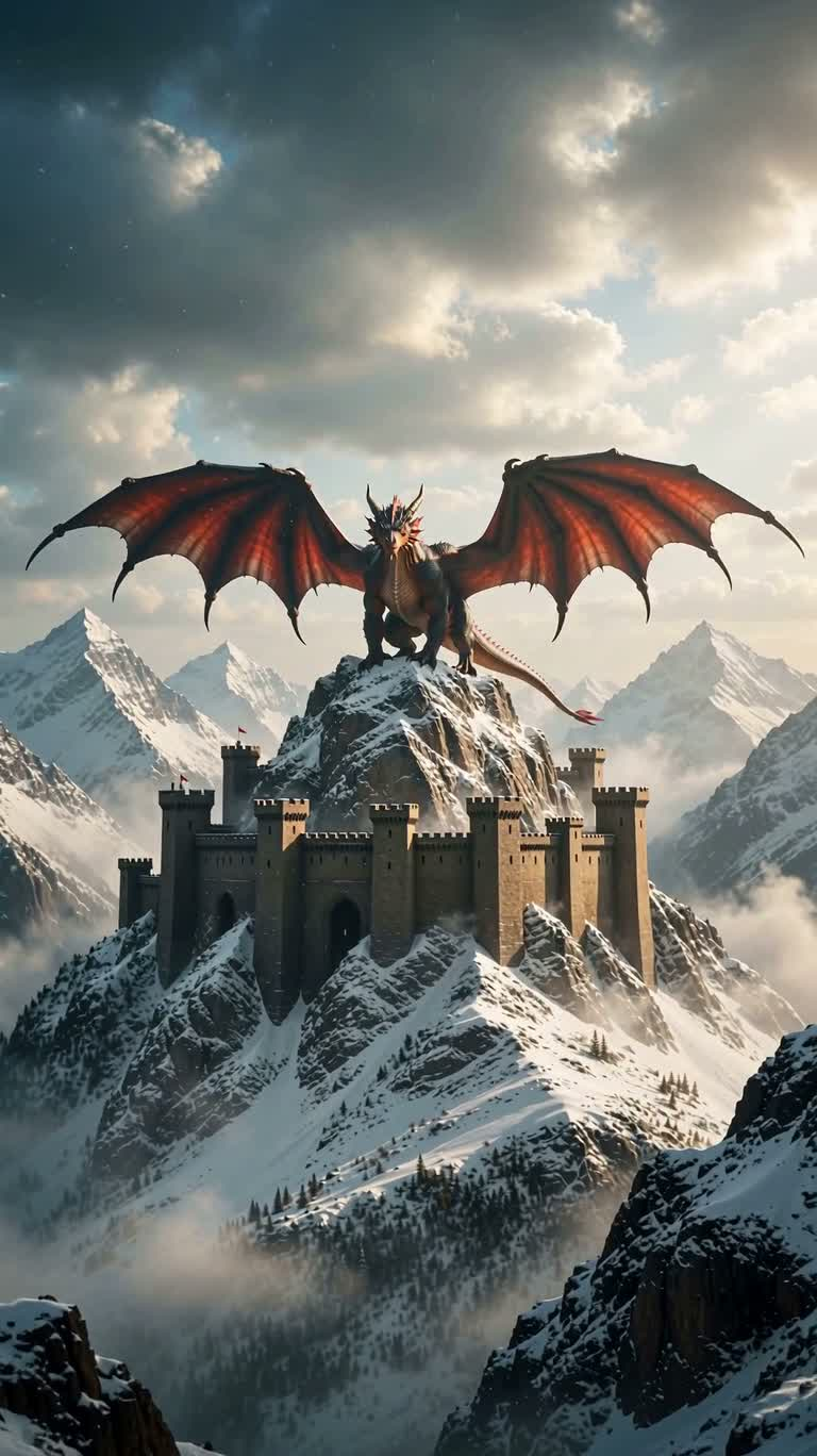 European Dragon over Snowy Peak Castle — AI video creation