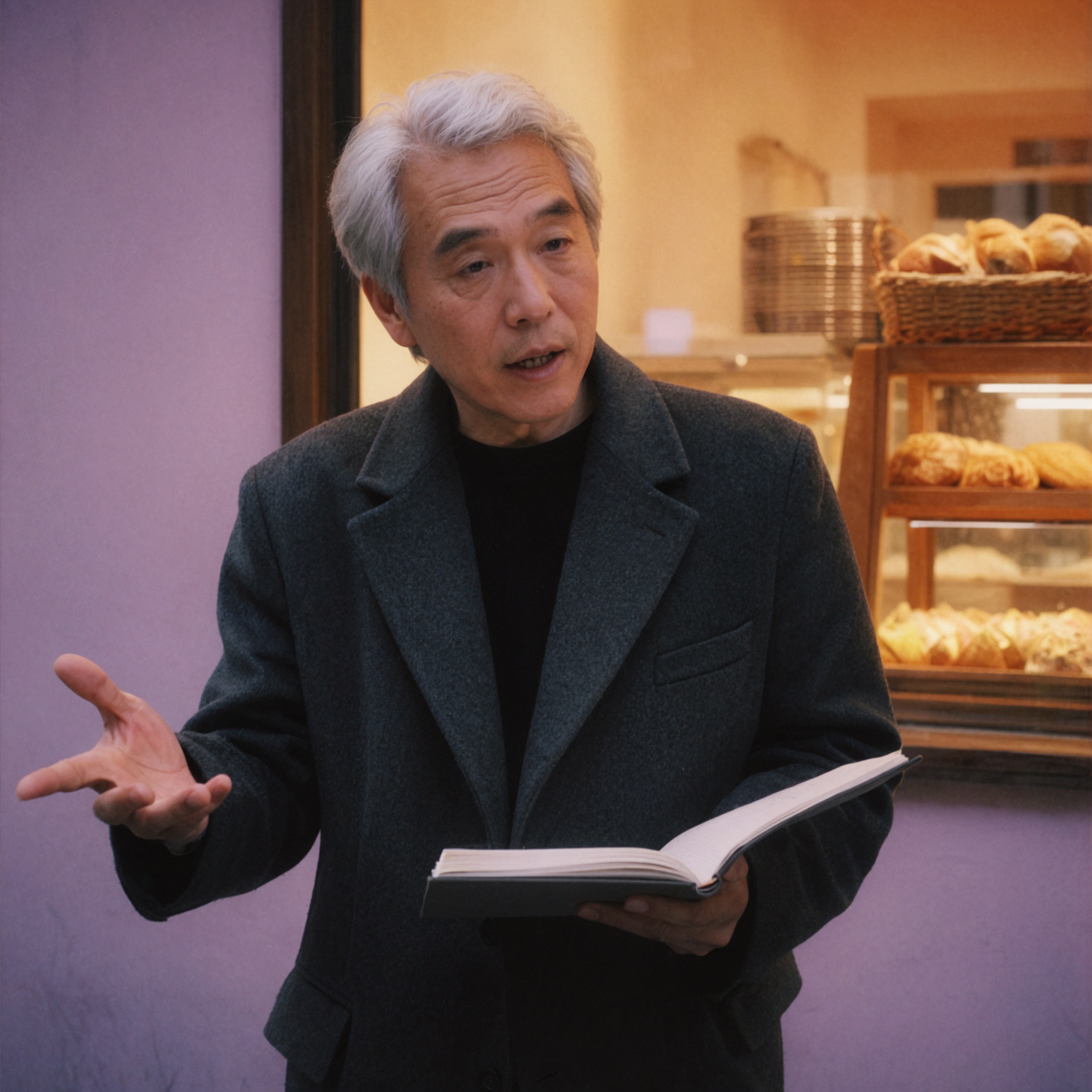은발의 성인 동아시아 남성 시인 · 페이지를 펼쳐 낭송 · 즉석 사진