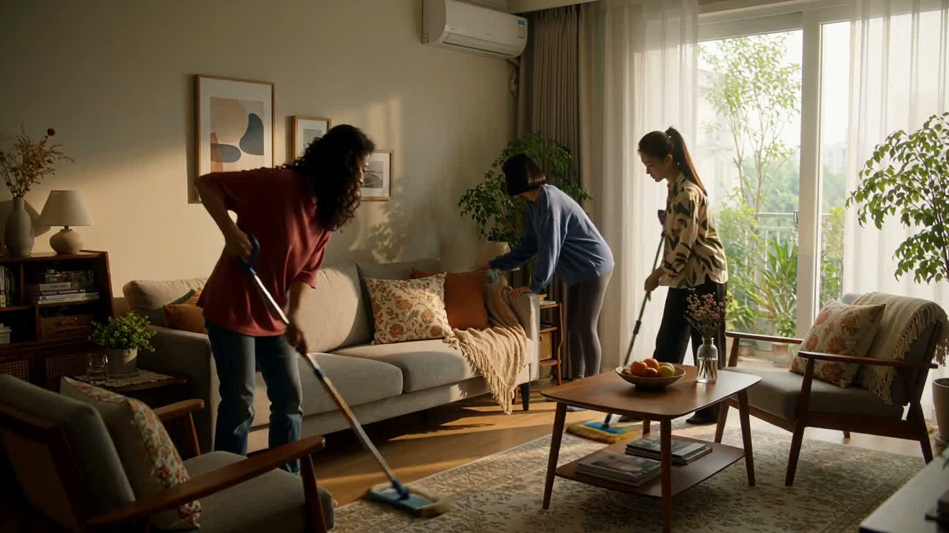 Cleaning Time in a Warm Sunlit Living Room