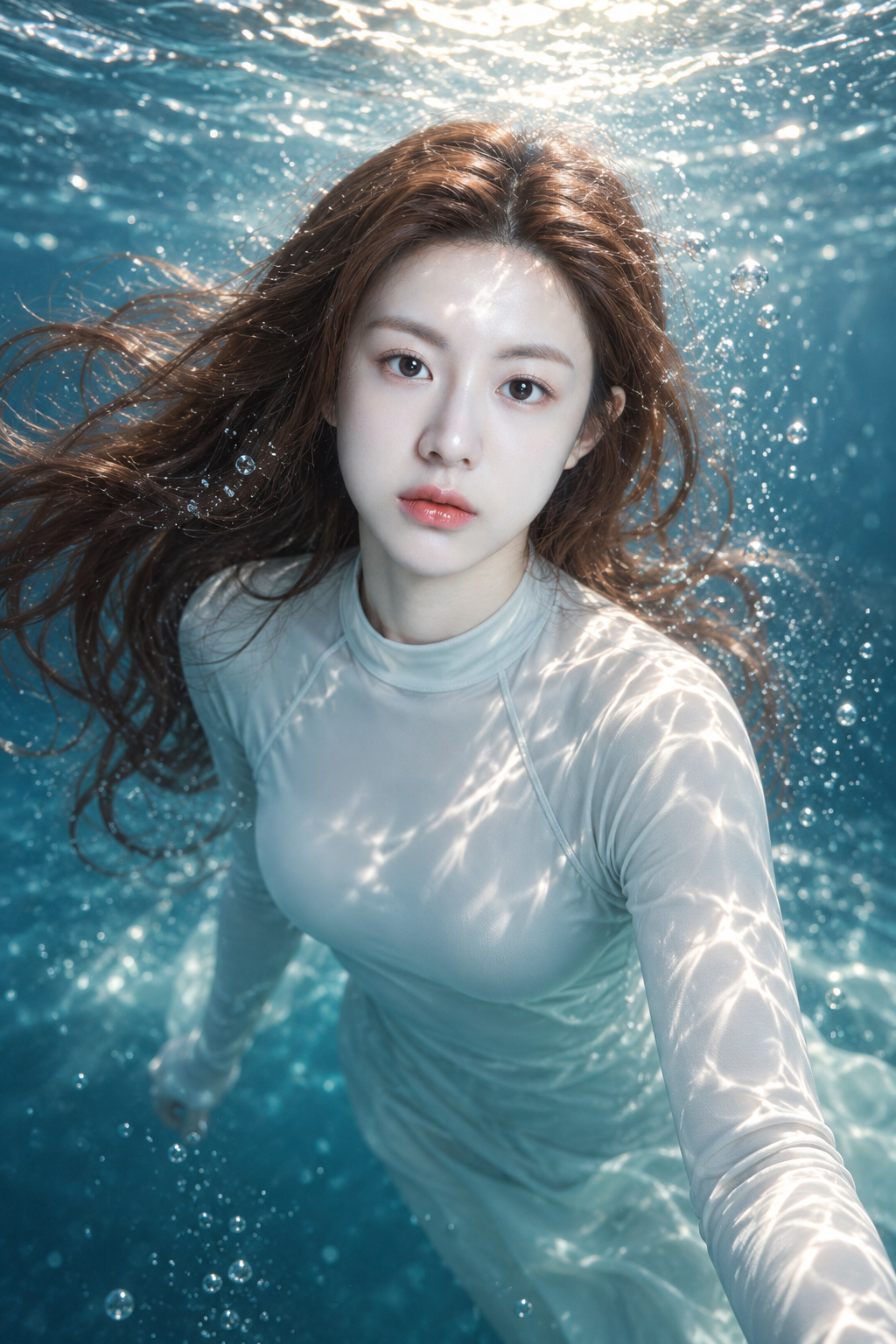 阳光焦散下的得体水下时尚人像 — AI image creation