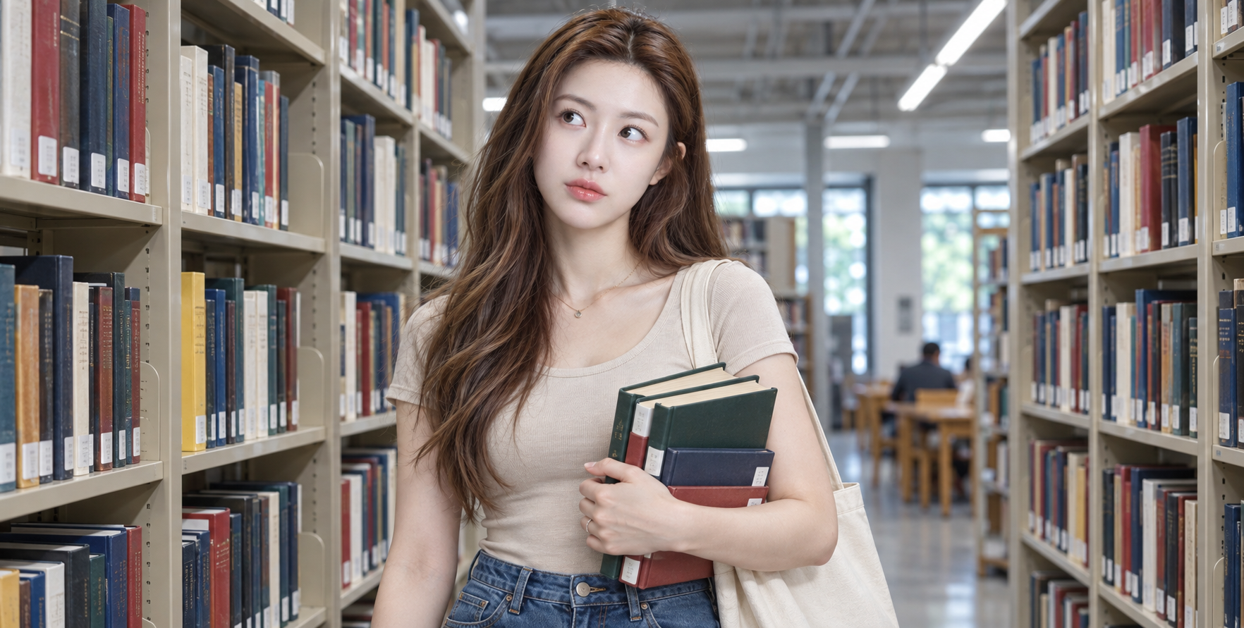 图书馆书架间的成年女性俏皮阅读肖像 — AI image creation