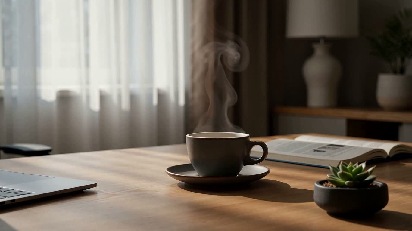 晨光办公桌的宁静电影感 — AI video creation