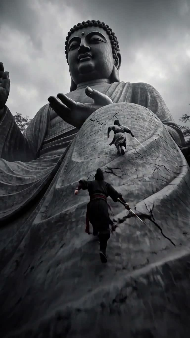 Duel wuxia sur la paume du Bouddha de pierre — AI video creation