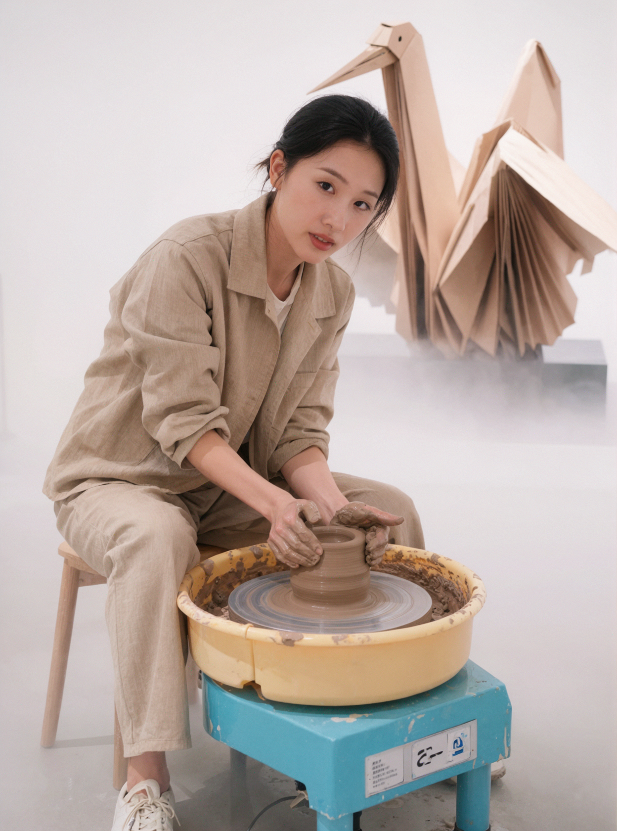 成年东亚女性陶艺家 · 拉坯飞旋 · 黎明薄雾