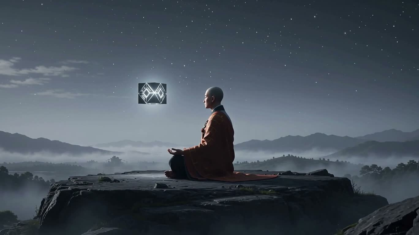 Floating Cube and Meditating Monk Under a Misty Night Sky