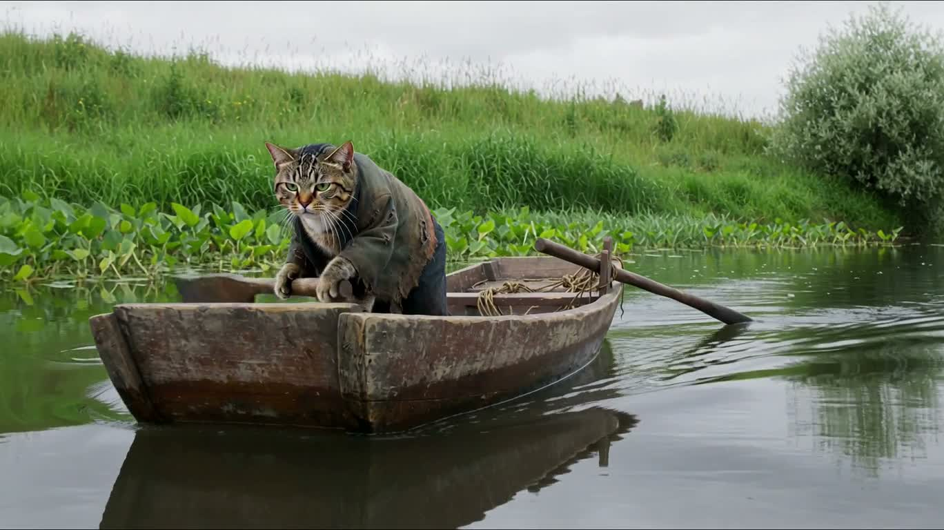 疲惫猫咪的河上小舟之旅 — AI video creation